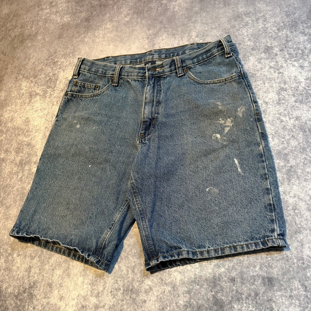 Vintage Mens Denim Jean Shorts Blue‎ Size 36 Relaxed Fit Workwear Paint Splatter